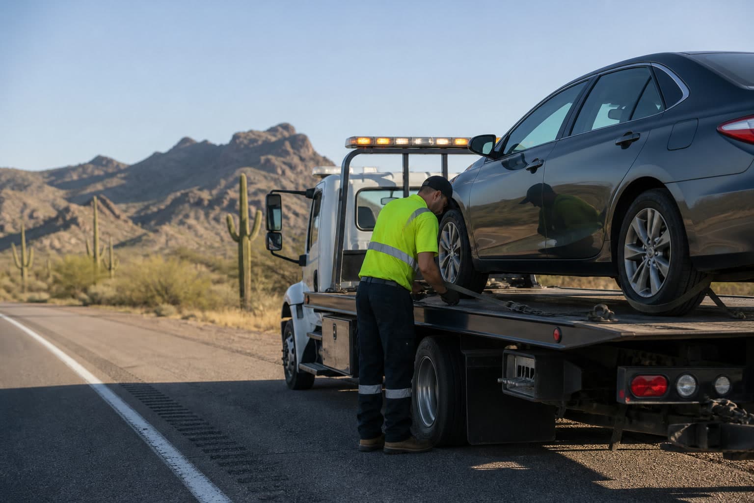Operador de grúa asegurando un sedán en una plataforma en el desierto de Arizona