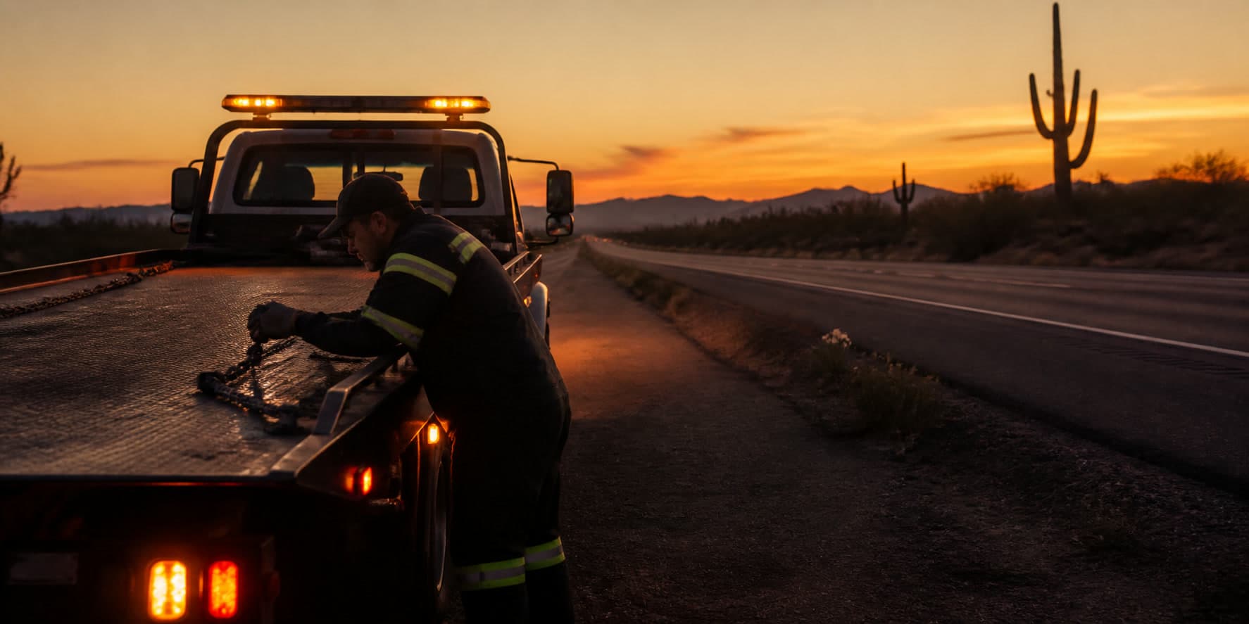 Operador de grúa asegurando cadenas en una plataforma al atardecer en el desierto de Arizona