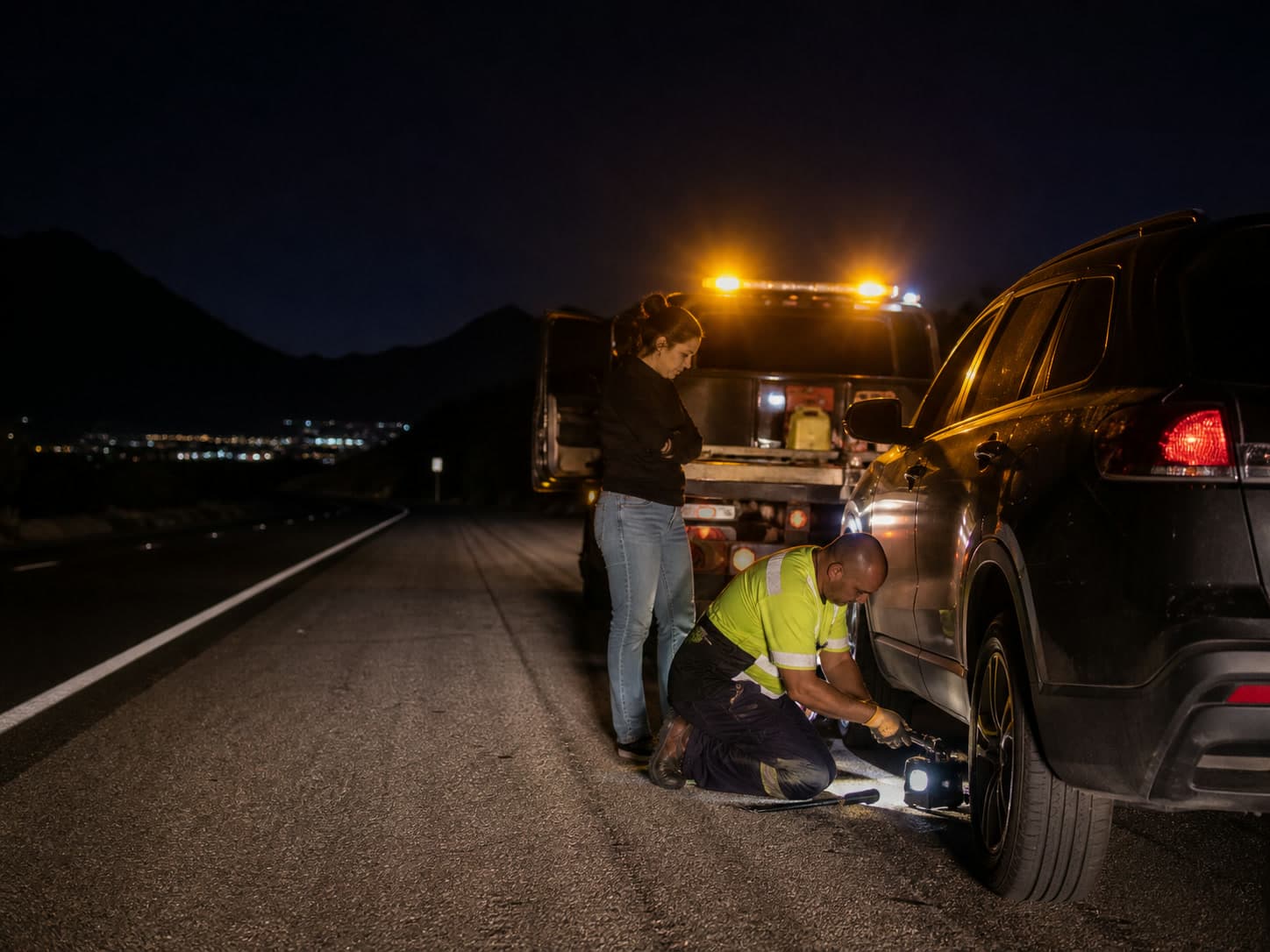 Operador de grúa ayudando a un conductor con una llanta ponchada de noche en una carretera de Arizona