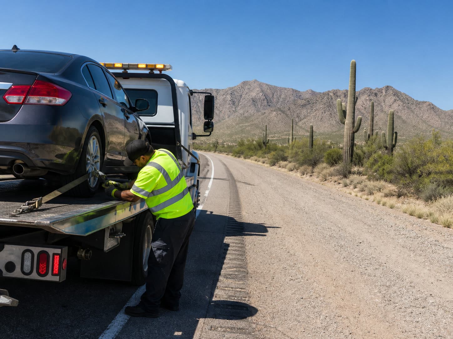 Operador de grúa asegurando un auto en una plataforma junto a montañas de Arizona